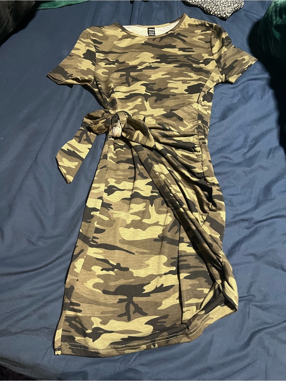 Camo Tie-Waist Short Sleeve Dress - Green Camo